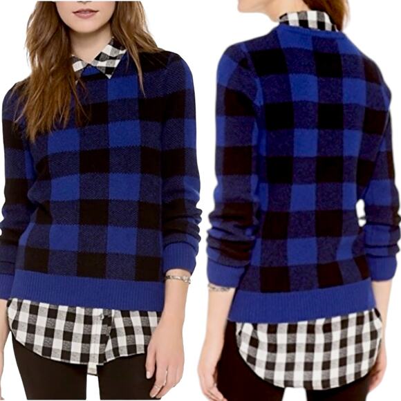 EQUIPMENT 100% Wool Sweater Check Plaid Preppy Varsity Ivy League Blue Black - Picture 1 of 12